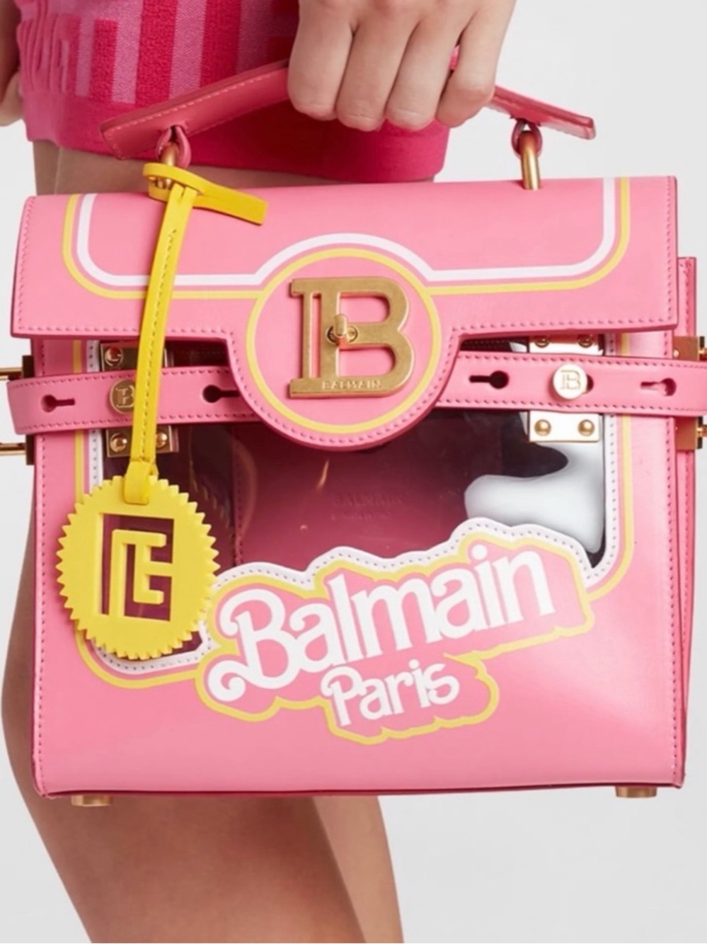 Balmain x BARBIE collab Pink and Yellow Logo Satchel with Gold Hardware - Picture 12 of 12